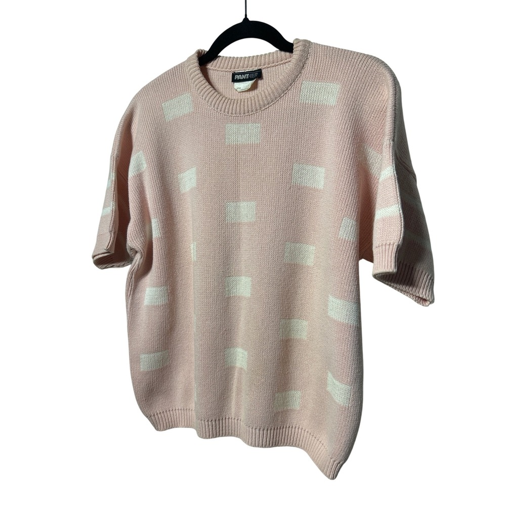 Vintage Panther Pink Geometric Block Knit Short Sleeve Sweater Crew‎ Neck M